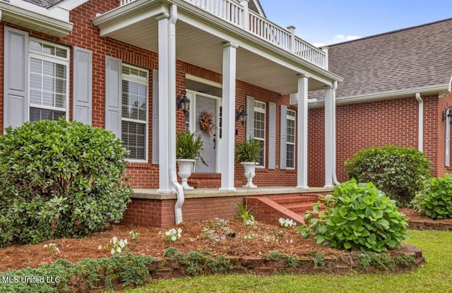 doorway to property with covered porch, a shingled roof, and brick siding