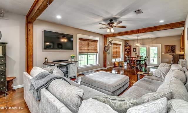 4661 Wildwood Rd, Benton, MS 39039 - living room featuring a ceiling fan, beam ceiling, baseboards, recessed lighting, and a fireplace