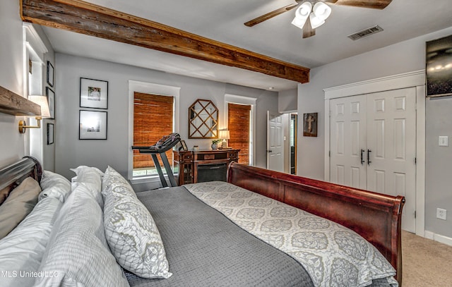 4661 Wildwood Rd, Benton, MS 39039 - bedroom with beamed ceiling, light colored carpet, and ceiling fan
