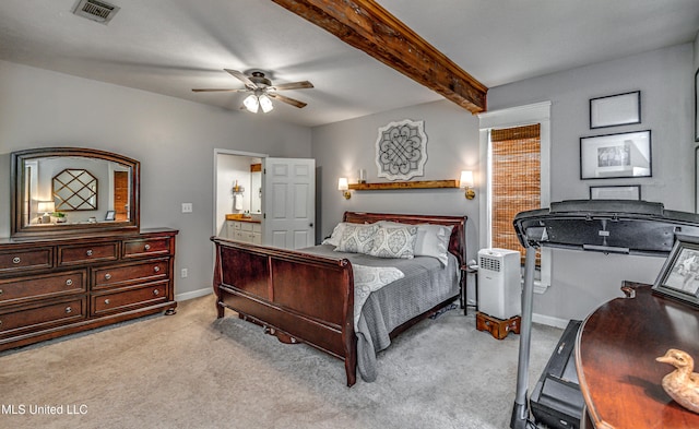 4661 Wildwood Rd, Benton, MS 39039 - bedroom featuring light colored carpet, baseboards, beamed ceiling, and ceiling fan
