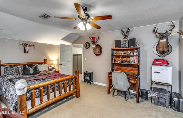 4661 Wildwood Rd, Benton, MS 39039 - bedroom with light colored carpet, a ceiling fan, and vaulted ceiling