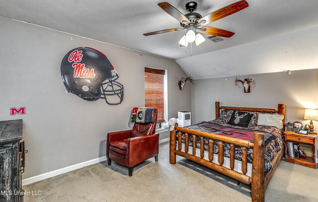 4661 Wildwood Rd, Benton, MS 39039 - bedroom featuring carpet floors, baseboards, lofted ceiling, and a ceiling fan