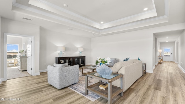 living room with a healthy amount of sunlight, a tray ceiling, and light wood-type flooring