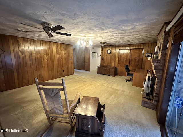 basement with light carpet and wooden walls