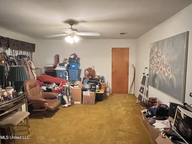 storage area featuring ceiling fan