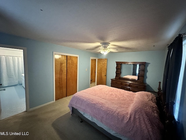 bedroom with ceiling fan and light colored carpet