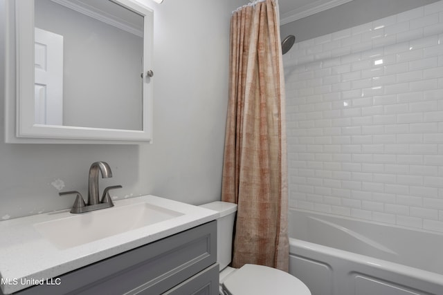 full bathroom with shower / bath combination with curtain, toilet, ornamental molding, and vanity