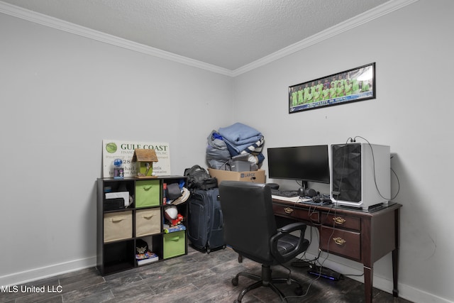 office space featuring crown molding, a textured ceiling, and dark hardwood / wood-style floors