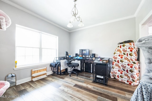10053 Kingston Rd, Bay Saint Louis, MS 39520 - office area featuring wood finished floors, crown molding, and baseboards