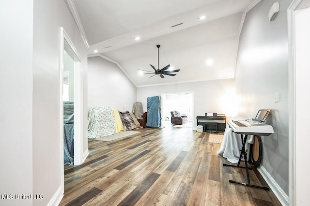10053 Kingston Rd, Bay Saint Louis, MS 39520 - living area with ceiling fan, ornamental molding, vaulted ceiling, wood finished floors, and recessed lighting