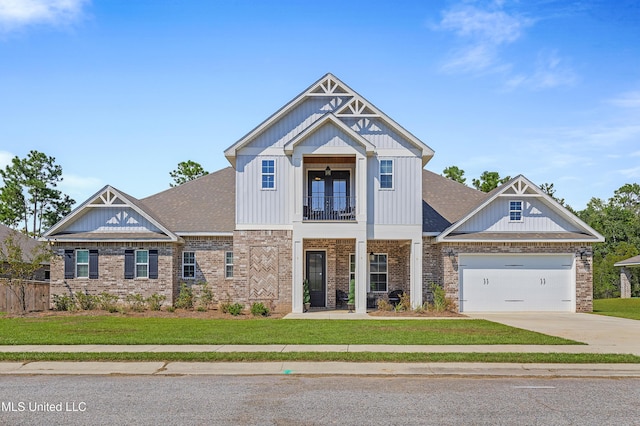 craftsman house featuring brick siding, concrete driveway, a balcony, a garage, and a front lawn