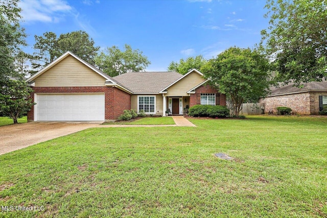 ranch-style house with brick siding, fence, a front lawn, concrete driveway, and an attached garage
