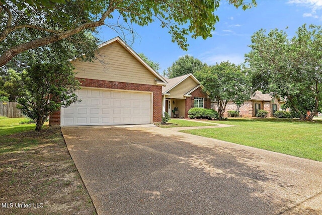 ranch-style home with brick siding, driveway, a front lawn, and a garage