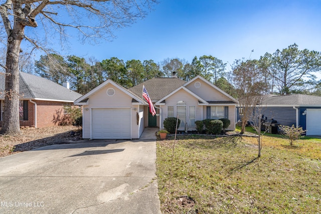 single story home with driveway, an attached garage, and a front yard