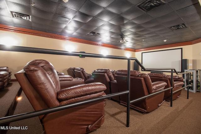 home theater with crown molding and carpet floors