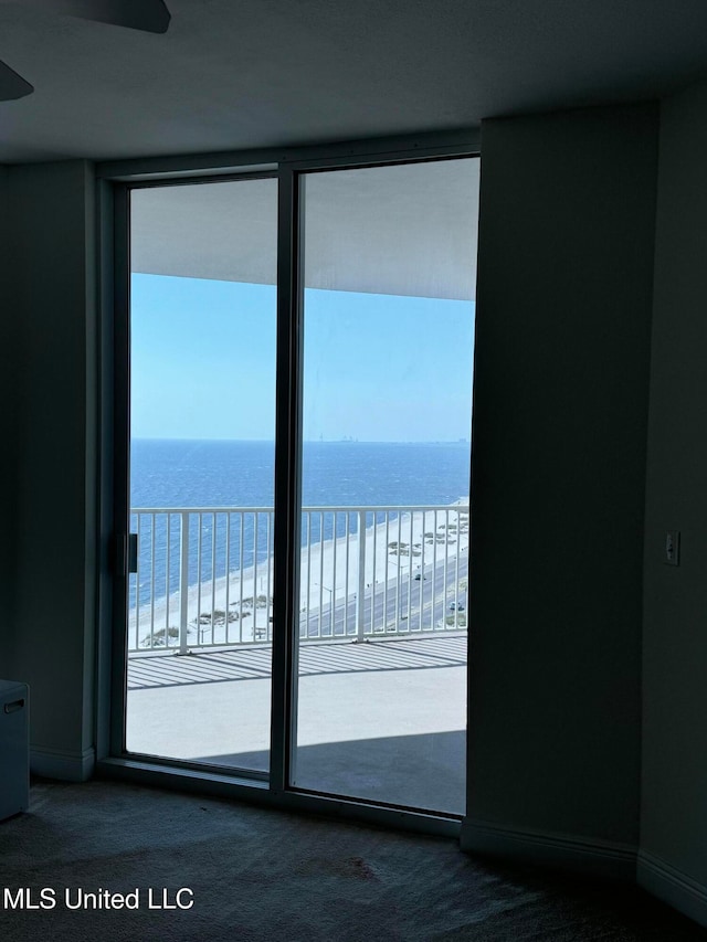 interior space featuring a water view, carpet, and a beach view