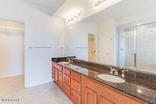 full bath with a spacious closet, a sink, double vanity, and a stall shower