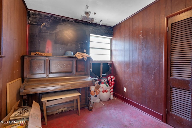 misc room with concrete floors and wood walls