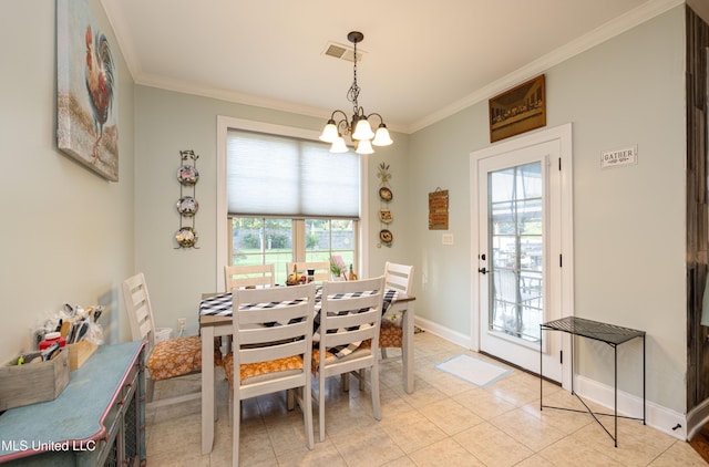 1668 Farindale Cv, Nesbit, MS 38651 - dining space with a chandelier, crown molding, and light tile patterned flooring
