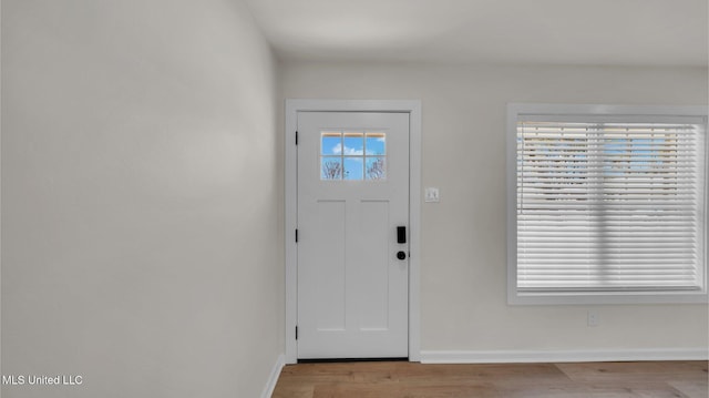 entryway with baseboards and wood finished floors