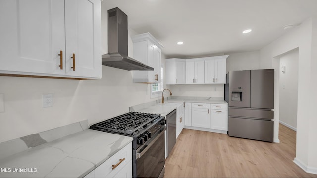 kitchen featuring black gas range, dishwasher, wall chimney exhaust hood, stainless steel refrigerator with ice dispenser, and a sink