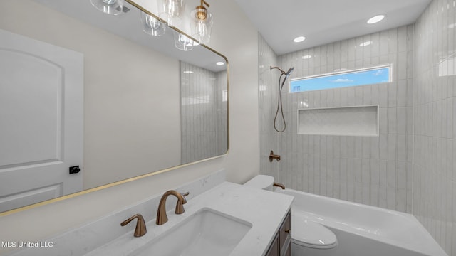 full bathroom with bathing tub / shower combination, vanity, toilet, and recessed lighting