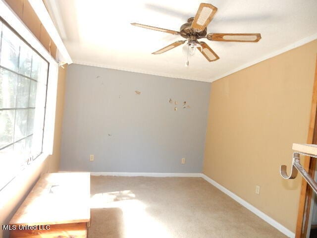 carpeted empty room featuring ornamental molding, a healthy amount of sunlight, and ceiling fan