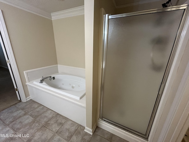 1171 S Bayou Rd, Boyle, MS 38730 - full bath featuring a shower stall, a jetted tub, ornamental molding, and tile patterned floors