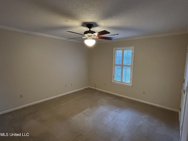 1171 S Bayou Rd, Boyle, MS 38730 - carpeted spare room with ornamental molding, a ceiling fan, and a textured ceiling