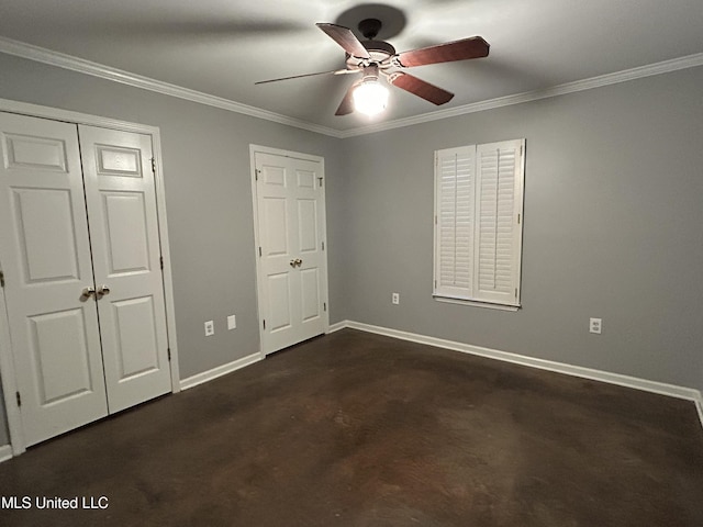 1171 S Bayou Rd, Boyle, MS 38730 - unfurnished bedroom with ornamental molding, concrete flooring, and a ceiling fan