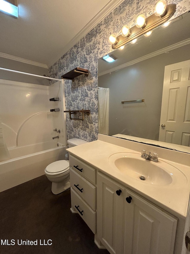 1171 S Bayou Rd, Boyle, MS 38730 - full bathroom with crown molding, wallpapered walls, vanity, and shower / tub combo with curtain
