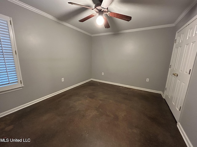 1171 S Bayou Rd, Boyle, MS 38730 - unfurnished bedroom featuring ornamental molding, concrete flooring, a closet, and ceiling fan