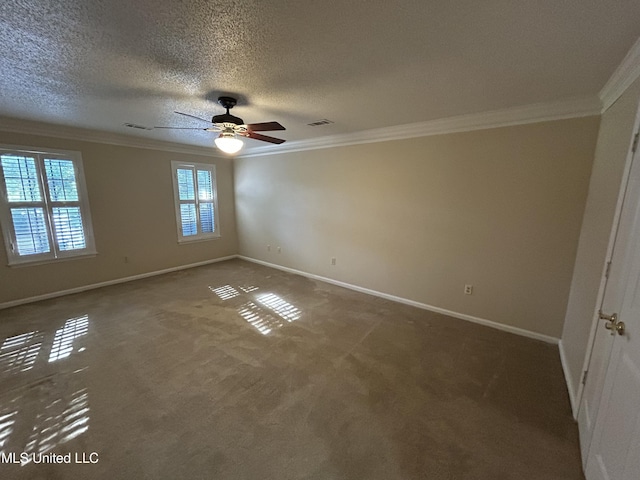 1171 S Bayou Rd, Boyle, MS 38730 - empty room with crown molding, carpet flooring, a ceiling fan, and a textured ceiling