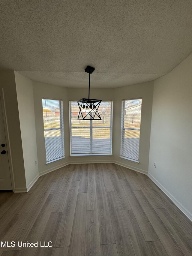 unfurnished dining area featuring baseboards, a textured ceiling, and wood finished floors