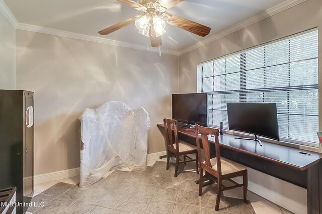 146 Maple Dr, Perkinston, MS 39573 - tiled home office featuring ceiling fan, baseboards, and crown molding