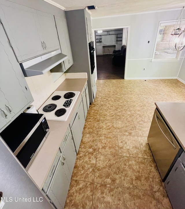 111 Brookfield Dr, Natchez, MS 39120 - kitchen featuring ornamental molding, under cabinet range hood, white electric stovetop, stainless steel dishwasher, and white cabinetry