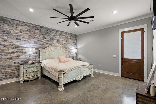 1254 Wade Patrick Rd, Brandon, MS 39042 - bedroom featuring baseboards, crown molding, concrete flooring, recessed lighting, and a ceiling fan