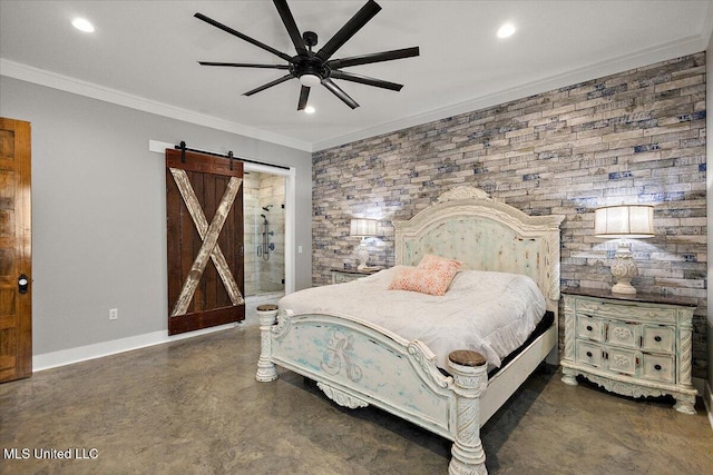 1254 Wade Patrick Rd, Brandon, MS 39042 - bedroom with a barn door, crown molding, concrete floors, recessed lighting, and baseboards