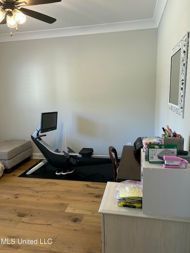 office area with crown molding and hardwood / wood-style flooring