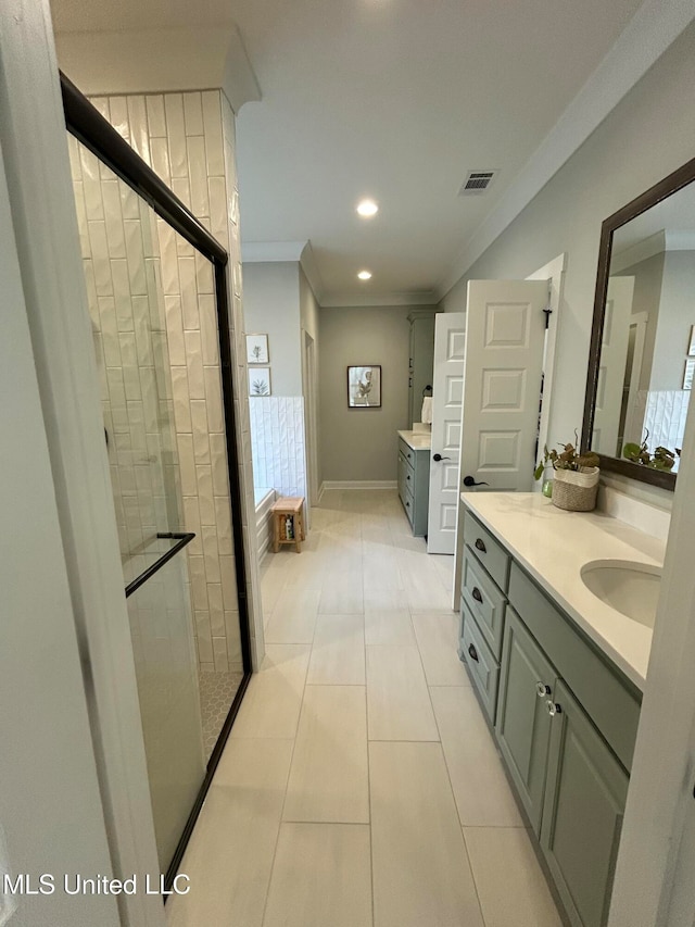 bathroom with crown molding, tile patterned floors, and walk in shower