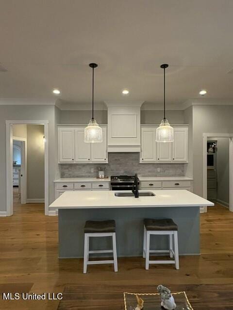 kitchen featuring white cabinetry, backsplash, sink, and a center island with sink