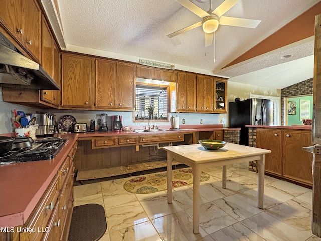 kitchen featuring ceiling fan, gas stovetop, a textured ceiling, vaulted ceiling, and sink