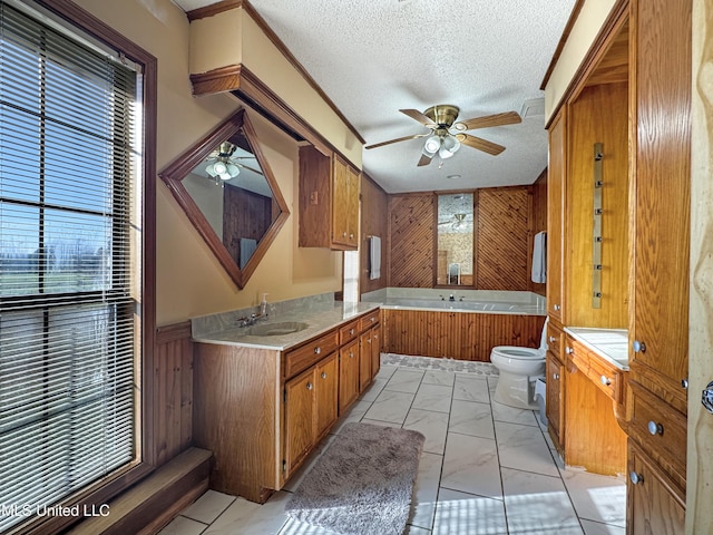 kitchen featuring ceiling fan, sink, a textured ceiling, and wood walls