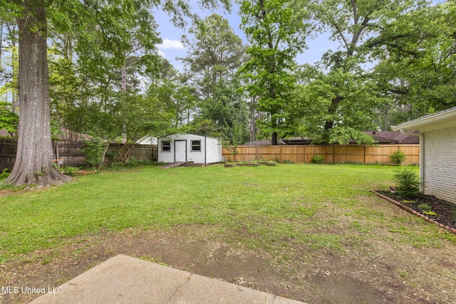 view of yard with an outdoor structure, a fenced backyard, and a storage unit