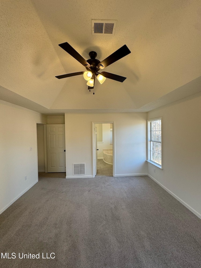 interior space with a raised ceiling, a textured ceiling, vaulted ceiling, and ceiling fan