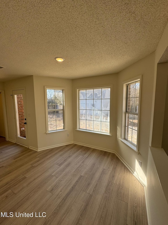 interior space featuring light wood-type flooring and a textured ceiling