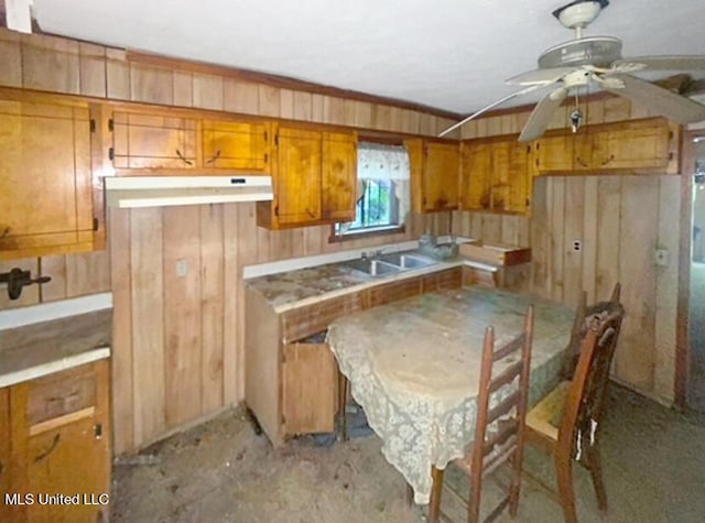 kitchen with ceiling fan, wood walls, and sink