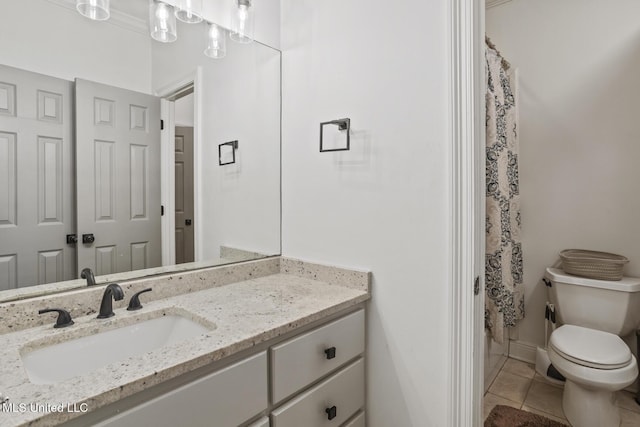 bathroom featuring vanity, tile patterned floors, toilet, and a shower with shower curtain