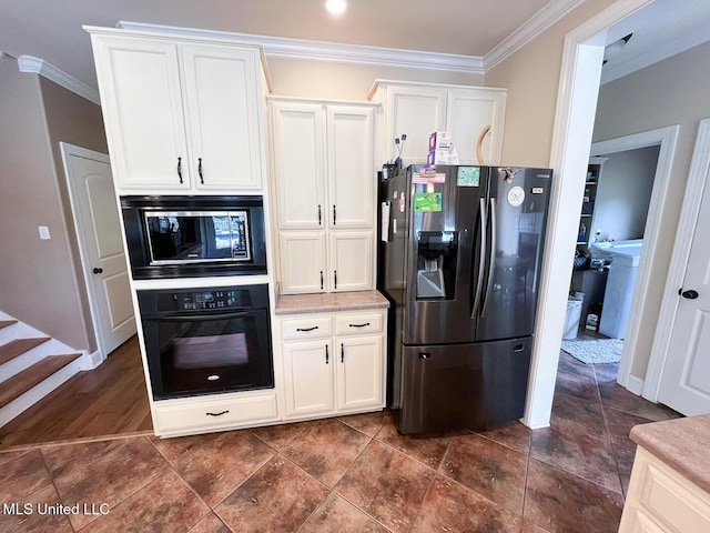 kitchen with crown molding, oven, refrigerator with ice dispenser, and built in microwave