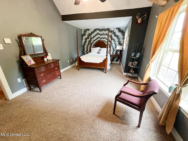 carpeted bedroom with baseboards and ceiling fan